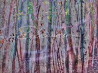 a painting of a forest with birds flying through it