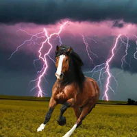 a horse running in front of a lightning storm
