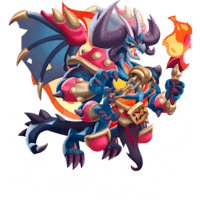 a dragon with horns and flames holding a torch
