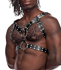 a man with dreadlocks wearing a leather harness