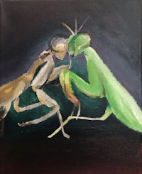 a painting of a praying mantis and a praying mantis