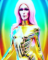 a woman in a metallic outfit is standing in front of a colorful background