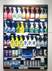 a painting of various cleaning products on a shelf