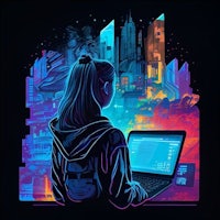 a girl with a laptop in front of a city