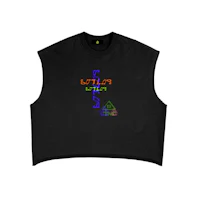 a black cropped t - shirt with a rainbow design on it