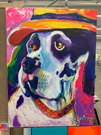 a painting of a dog wearing a hat