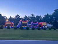a group of inflatables in a field at dusk