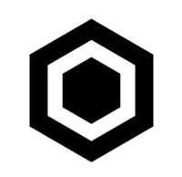 a black and white hexagon logo on a white background
