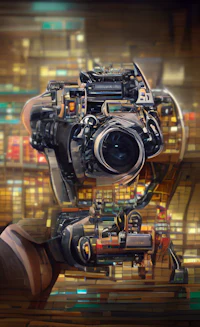 a hand holding a camera in front of a city