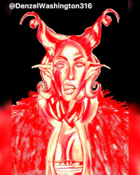 a red drawing of a devil with horns