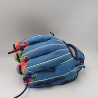 a blue baseball glove with a colorful pattern on it