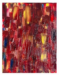 an abstract painting with red, yellow and blue colors