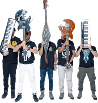 a group of people holding musical instruments in front of a black background