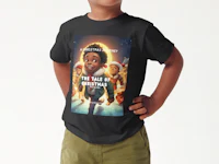 a young boy wearing a black t - shirt with a picture of a christmas tree