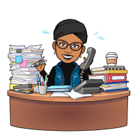 a black woman sitting at a desk with a phone and piles of papers
