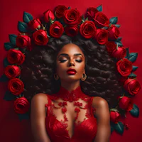 a beautiful woman with long hair surrounded by roses on a red background