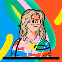 a cartoon of a woman wearing glasses and a colorful shirt