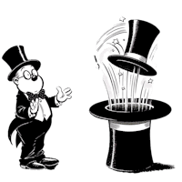 a black and white drawing of a magician with a top hat
