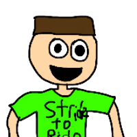 a cartoon man wearing a green shirt with the words strike to ride