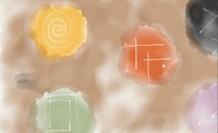 a watercolor painting of various symbols on a brown background
