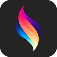 a colorful flame icon on a black background