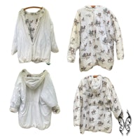 a white hooded jacket with a print on it