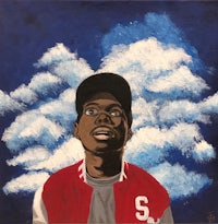 a painting of a man in a red jacket with clouds in the background