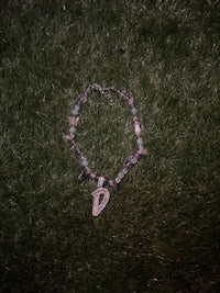a necklace with a letter d laying on the grass