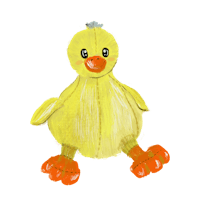 a yellow duck with orange feet sitting on a black background