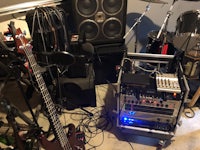 a rack of musical equipment in a room