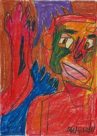 a drawing of a man in red and blue