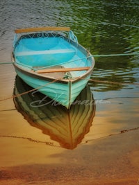 a blue boat in the water