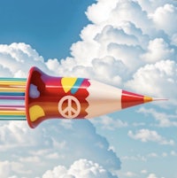 a colorful pencil flying through the sky with a peace sign on it