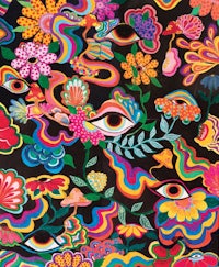 a colorful asian pattern on a black background