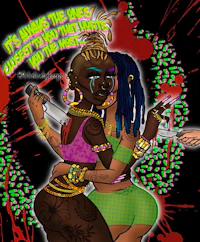 a cartoon of two women holding each other and holding a knife