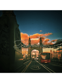 a red double decker bus driving across a bridge at sunset