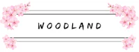 the word woodland on a white background with pink flowers