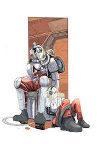a man sitting on a chair next to a robot