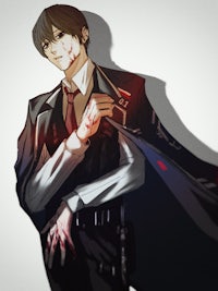 a man in a suit and tie holding a knife