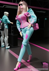 a doll in a blue and pink outfit is standing next to another doll