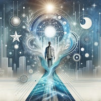 an illustration of a man standing in front of a city
