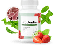 a bottle of prodentin with strawberries and strawberries