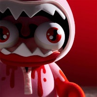 a pink toy with a bloody face