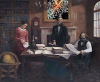 a painting of a group of people at a desk