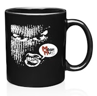 a black mug with an image of a face with a speech bubble