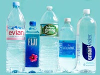 different types of water bottles on a blue background