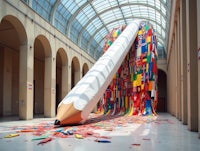 a large sculpture of a pencil in a museum