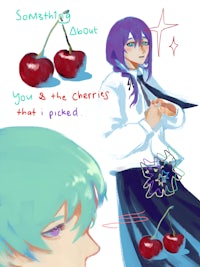 a drawing of a girl with a cherry in her hand
