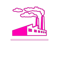 a pink icon of a factory with smoke coming out of it