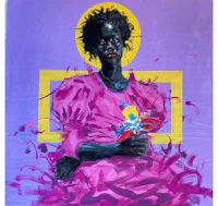 a painting of a black woman in a pink dress